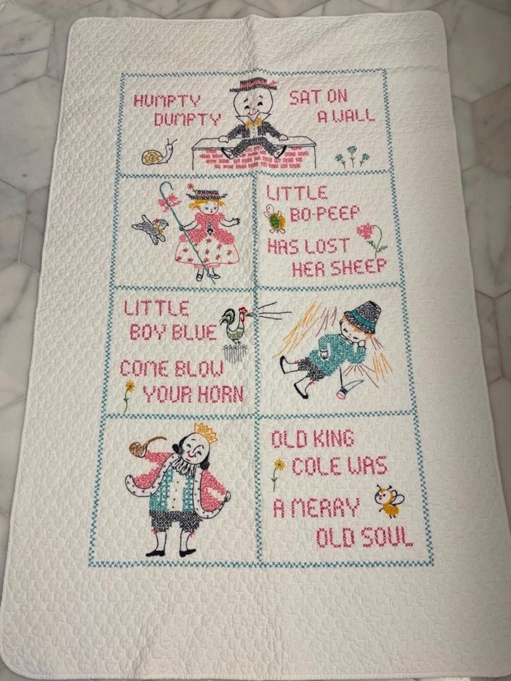 Embroidered Nursery Quilt Panel with Nursery Rhyme Scenes - White & Pastel